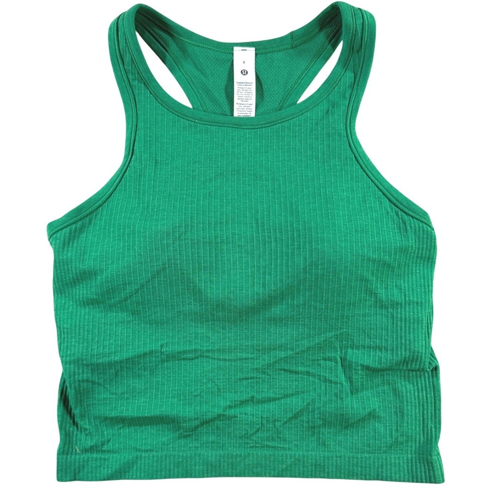 Lululemon Ebb to Street Cropped Racerback Tank Sz 8 Kelly Green Ribbed High Neck